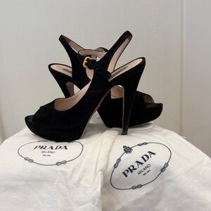 Prada Black Suede Slingback Platform Heels with Gold Buckle